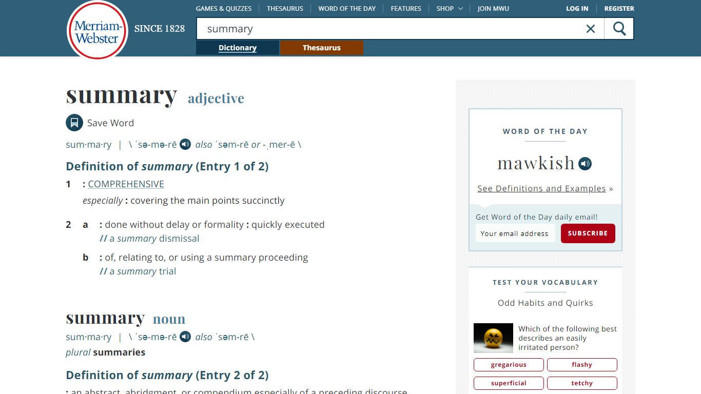 Summary Definition & Meaning - Merriam-Webster