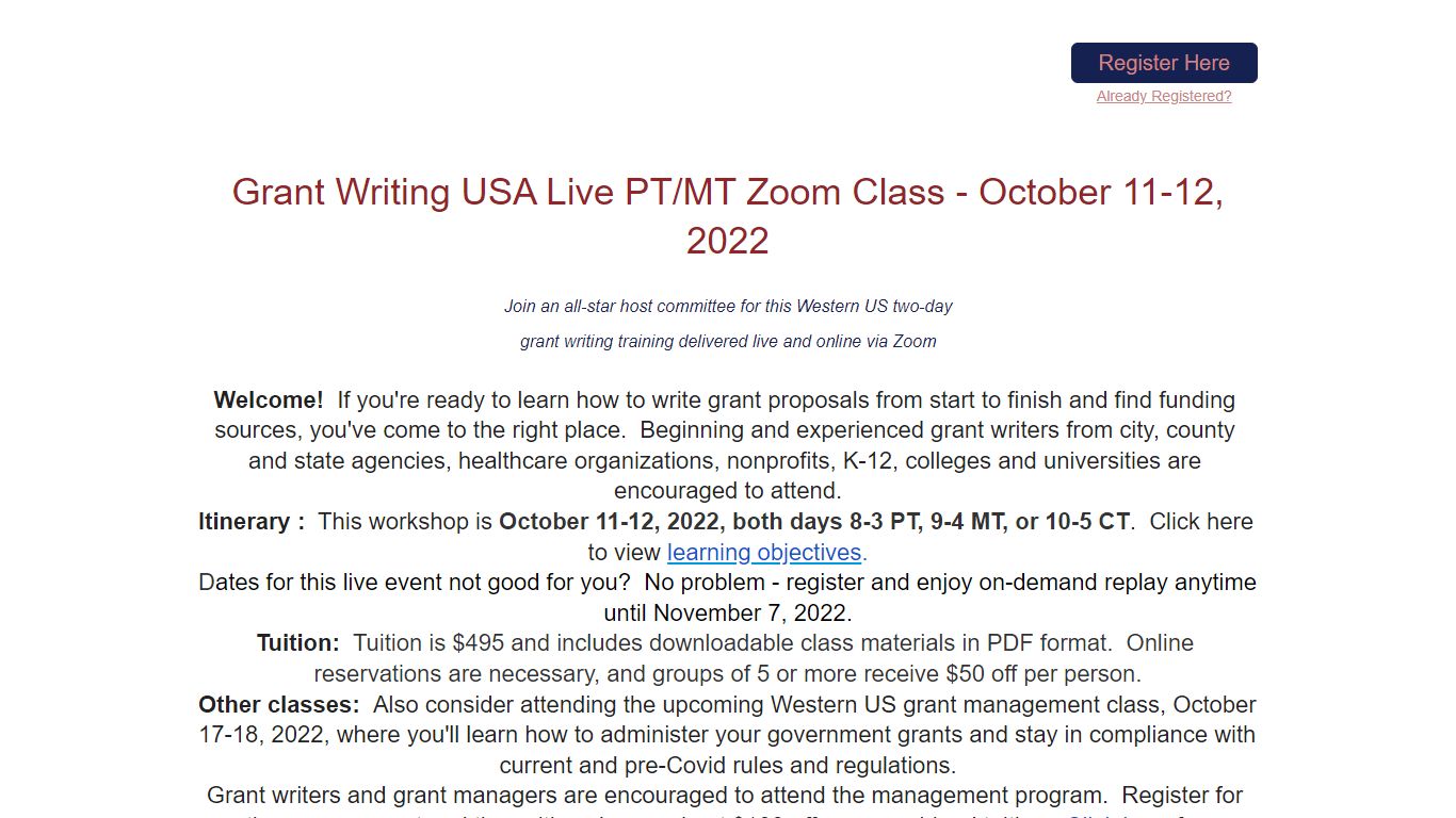 Summary - Grant Writing USA Live PT/MT Zoom Class - October 11-12, 2022